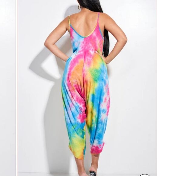 Women Multi Colorful Tie-Dye Jumpsuit sz M Boho Hippie - Picture 8 of 11